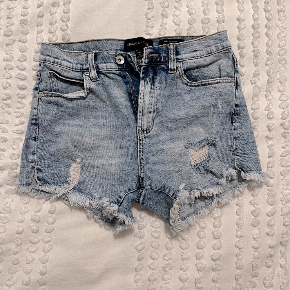 High Rise Distressed Light Wash Denim Shorts. Size 5/27